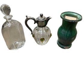 Regency cut glass decanter and stopper, Art Nouveau decanter and a Chinese green glazed vessel descr