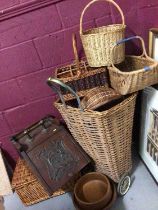 Group of wicker baskets, picnic hamper, wooden trug, two wooden bowls and a carved wood coal scuttle