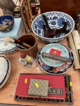 Group of Chinese and Japanese items to include large snuff bottle, blue and white punch bowl and an