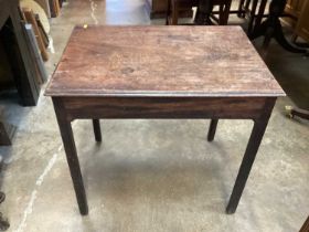 Antique mahogany side table with end drawer, and a hunting print