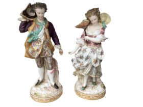 Large pair of continental porcelain figures, polychrome painted, gilt mark to base, 38cm high