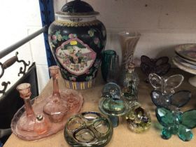 Group of glass, including Mdina, together with some butterfly ornaments and a Chinese vase