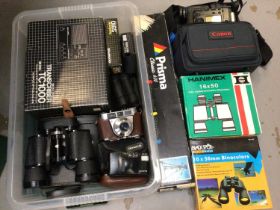 Box of cameras, binoculars and accessories