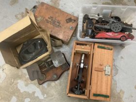 Set of Victorian postal scales with weights, WWII gas mask, WWII G.G.S. Recorder MKII, student micro