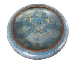Large Chinese cloisonné bowl decorated with a dragon in tones of blue, four-character mark to base