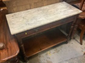 Edwardian side table with marble top, two drawers and undertier below with turned supports, 106cm wi
