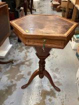 Victorian trumpet shape needlework table with crossbanded decoration on three splayed legs