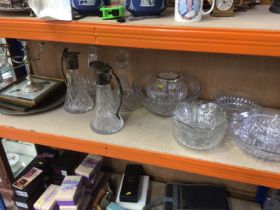 Pair of claret jugs, cut glass, prints, etc (1 shelf)