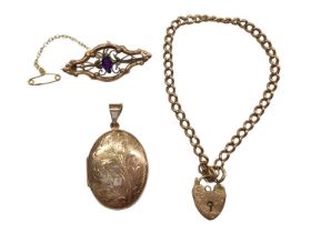 Edwardian 9ct rose gold gem set brooch, 9ct rose gold bracelet with padlock clasp and 9ct rose gold