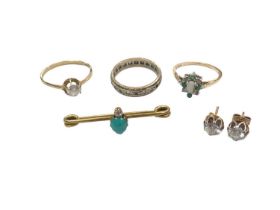 Three 9ct gold gem set rings, pair 9ct gold stud earrings and an antique turquoise and diamond bar b