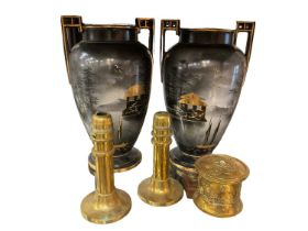 Pair of Japanese vases, pair of brass lamp bases, brass string box