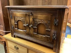 Old Charm style carved oak two door cabinet, 80.5cm wide, 41cm deep, 48cm high