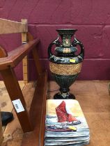 Majolica vase and four Dunkirk collectors plates