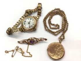 Edwardian 9ct gold gem set brooch, 9ct gold locket on chain and 9ct gold cased vintage wristwatch on