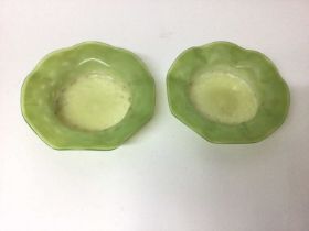 Pair of Art Nouveau style Vaseline glass dishes with wavy edges, in the style of Powell