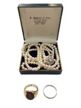 9ct gold signet ring, platinum/white gold wedding ring and a cultured pearl necklace