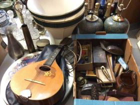 Pair of table lamps, silver plated triple decanter holder, banjo, drum and various other items