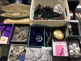 One box of costume jewellery, wristwatches, Stratton compacts etc