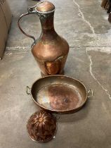 Large copper ewer, bowl and jelly mould