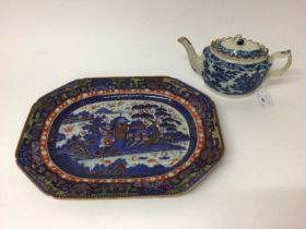 18th century Chinese blue and white export platter with later clobbered decoration, 40cm wide, and a