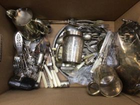 Group of silver plated and other metalware and cutlery / 1940's / 50's mantle clock, tins and sundry