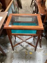 Edwardian mahogany bijouterie table with satin wood inlay on square taper legs joined by x frame str