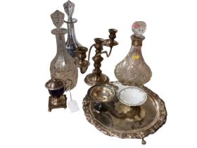 Silver-collared ship's decanter, pair of Victorian cut glass decanters, group of silver plate and a