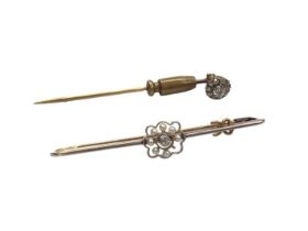 Victorian diamond cluster stick pin and an Edwardian diamond and seed pearl cluster bar brooch (2)