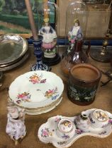 Group of ceramics, including a Meissen figure of a girl, four Crown Derby plates, a Doulton art nouv