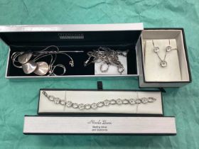 Nicole Barr Sterling silver and diamond set necklace and bracelet in boxes and other silver jeweller