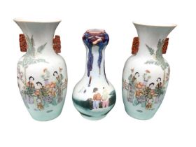 Pair of Chinese Republic period porcelain baluster vases decorated with figures and calligraphy, 43c