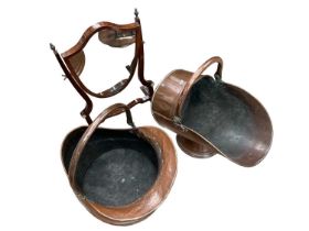 Two copper coal scuttles and a swing frame mirror