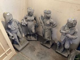 Four concrete grey painted garden statues, tallest is 80cm high