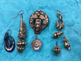 Victorian gilt metal earrings and brooch