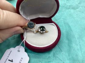 18ct gold green stone and diamond cluster ring and 9ct gold signet ring (2)
