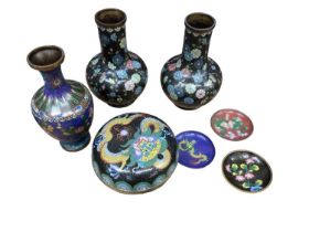 Group of Chinese cloisonne, including a box and cover, vase, and three dishes