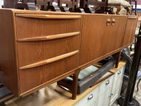 Mid century McIntosh teak sideboard with three drawers and cupboards, 205cm wide, 43.5cm deep, 75cm