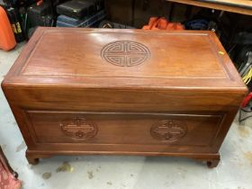 Chinese hardwood blanket box with hinged lid on bracket feet, 107.5cm wide, 56cm deep, 60cm high