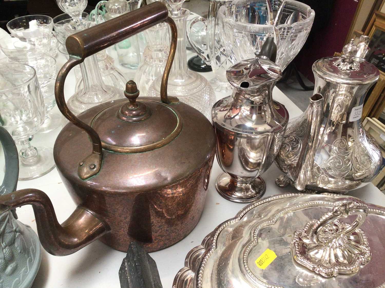 Group of silver plate and other metal wares including a plated tea and coffee pot, plated tureen wit - Image 6 of 7