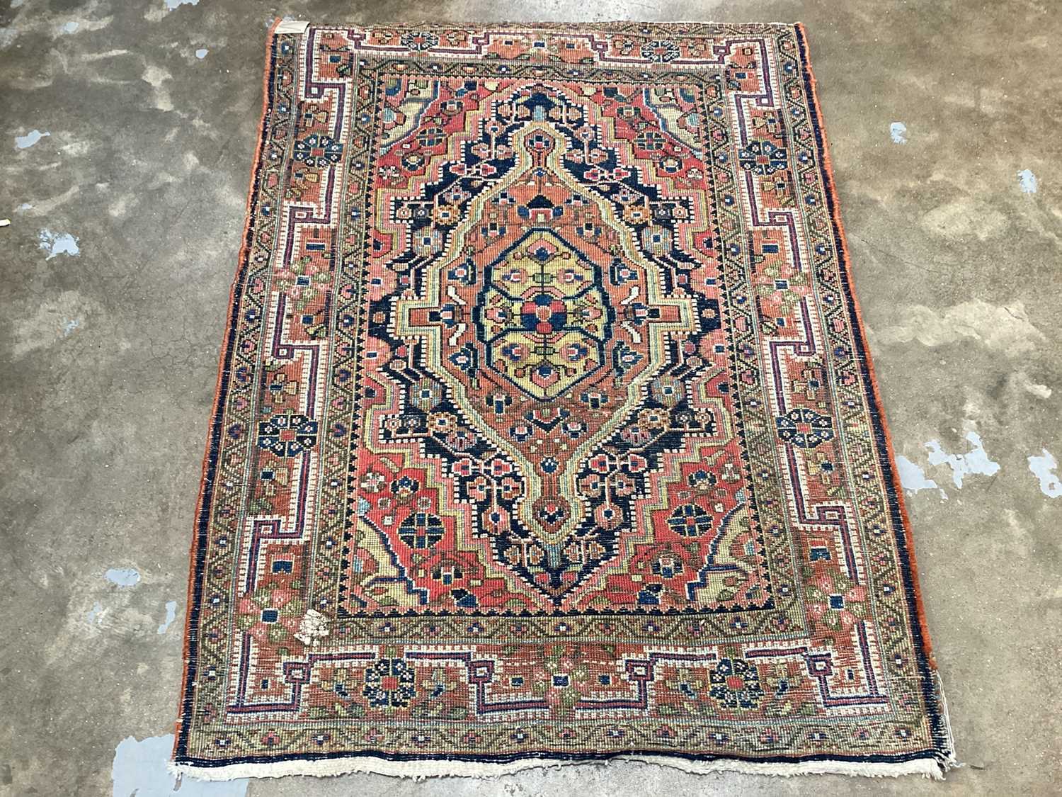 Eastern rug with geometric decoration on red, orange, blue and green ground, 97cm x 73cm - Image 3 of 3