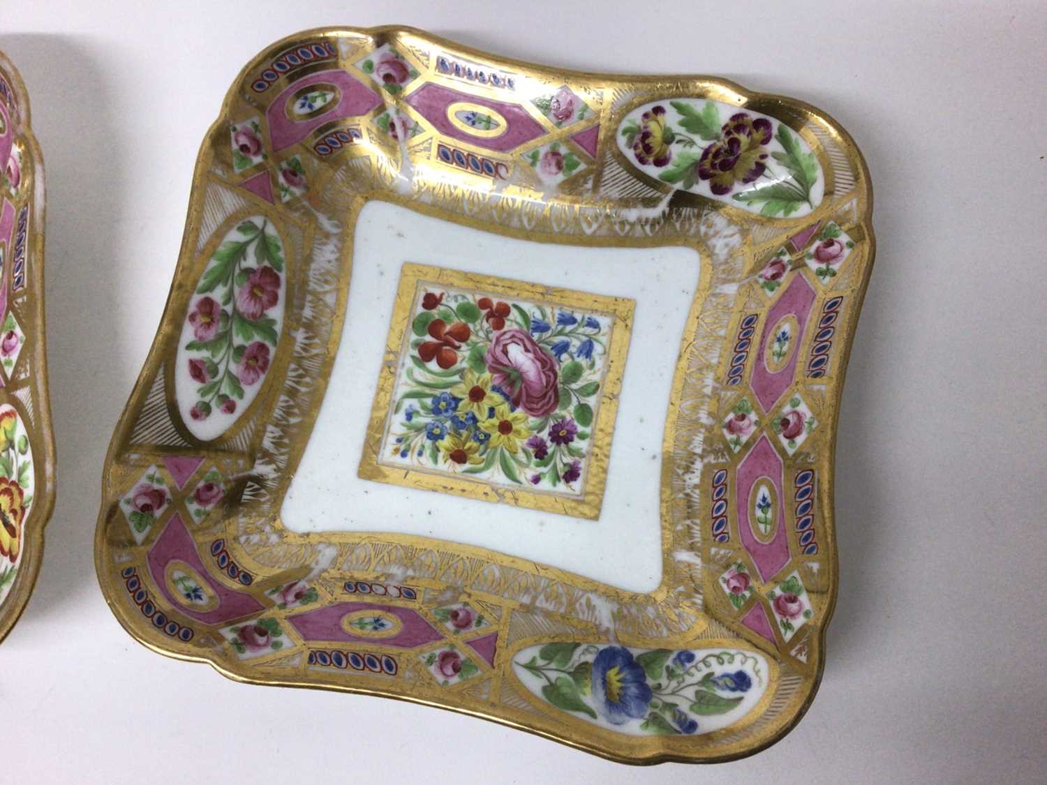 Pair of Sèvres shaped dishes, polychrome painted with floral sprays, on a pink and gilt ground - Image 2 of 6