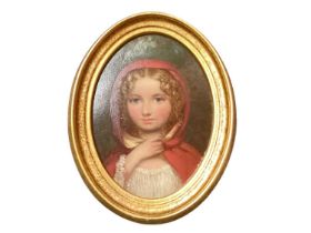 Mid 19th century English School oval oil on board of a young girl in a red hooded cloak