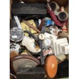 Box of sundries including a pair of opera glasses, pair of military aviator sunglasses, Mickey Mouse