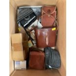 Two Olympus Trip 35 cameras, pair of binoculars in leather case, and other items