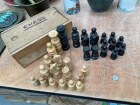 Vintage turned wood chess set in pine box.
