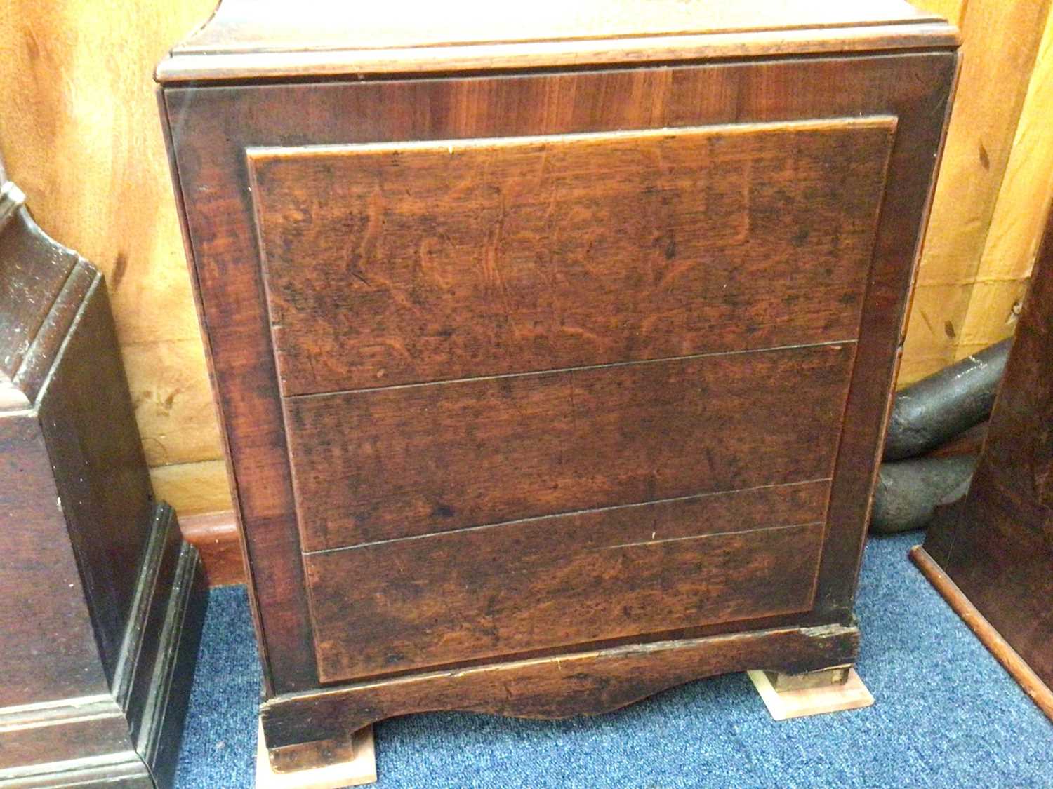 19th century 30 hour longcase clock with painted square dial in oak case with castellated top (no w - Image 4 of 7