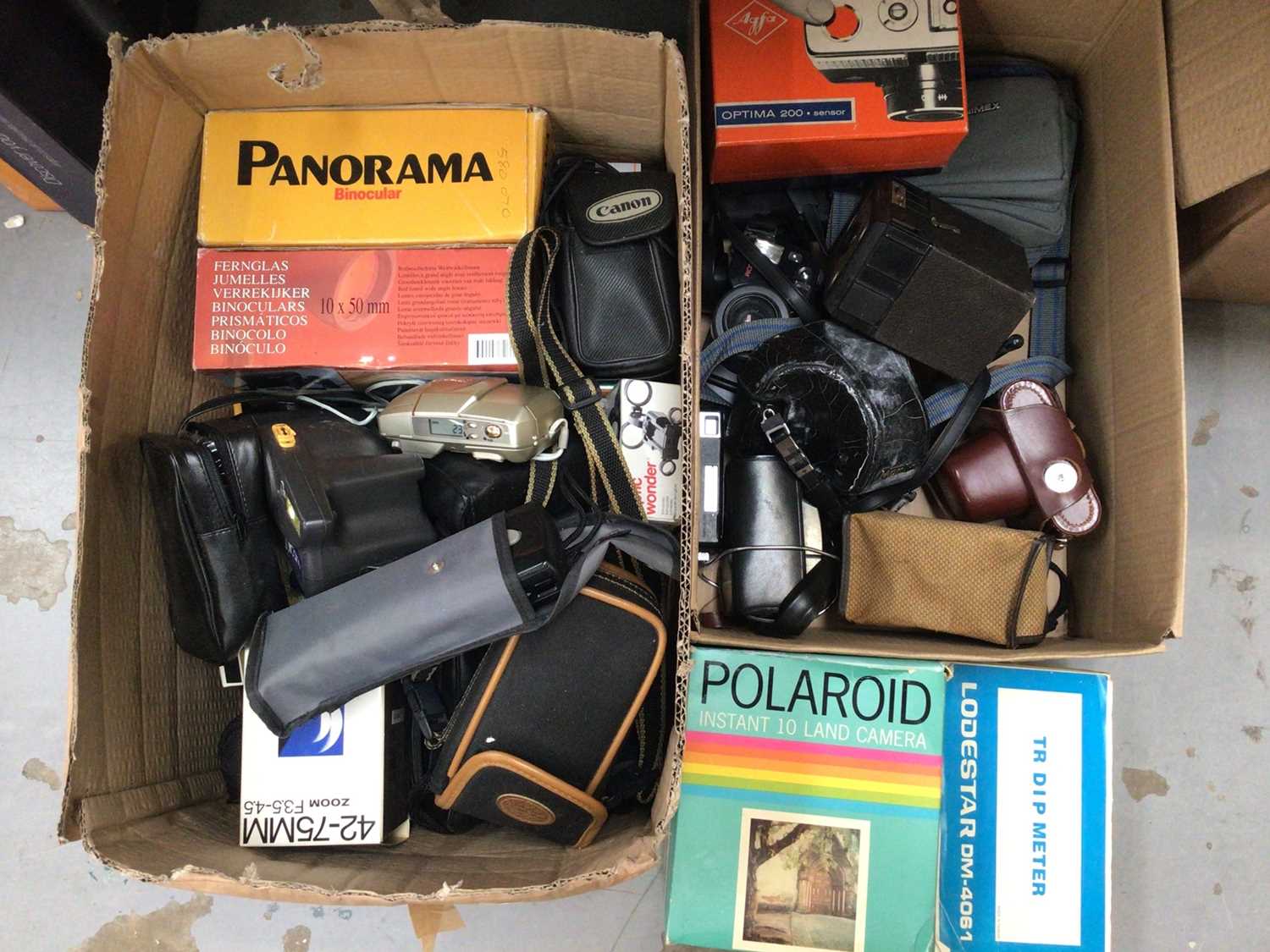 Two boxes of vintage cameras, binoculars and accessories