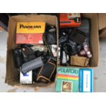 Two boxes of vintage cameras, binoculars and accessories