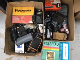 Two boxes of vintage cameras, binoculars and accessories