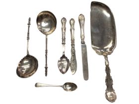 Pair of silver serving spoons, American silver crumb scoop by Gorham and other silver flatware